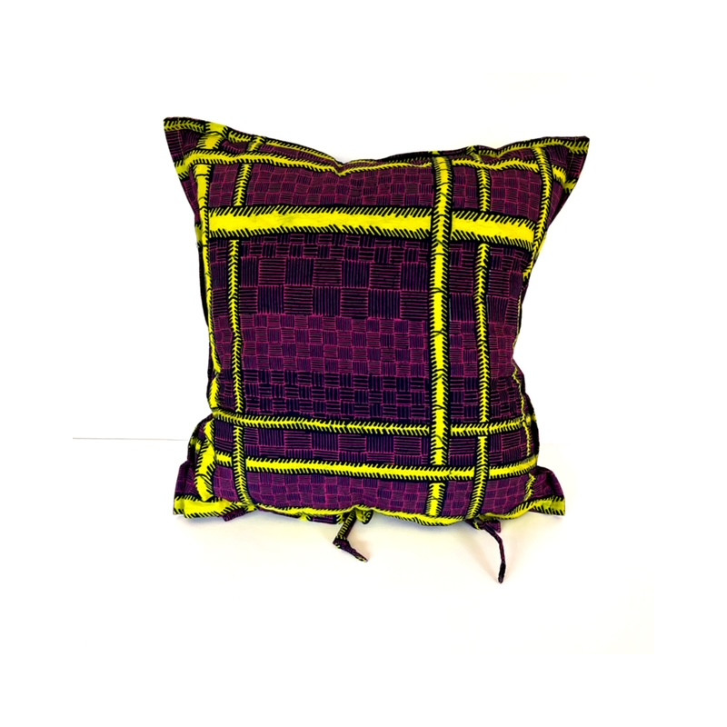 Coussin Wax à Nouettes, Quadrillage Jaune