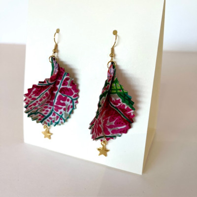 Boucles d'Oreilles "Volantes" Feuilles Rose et Vert